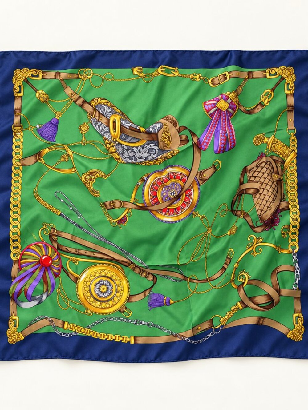 Vintage Lancel Paris Green Equestrian Silk Scarf 0846